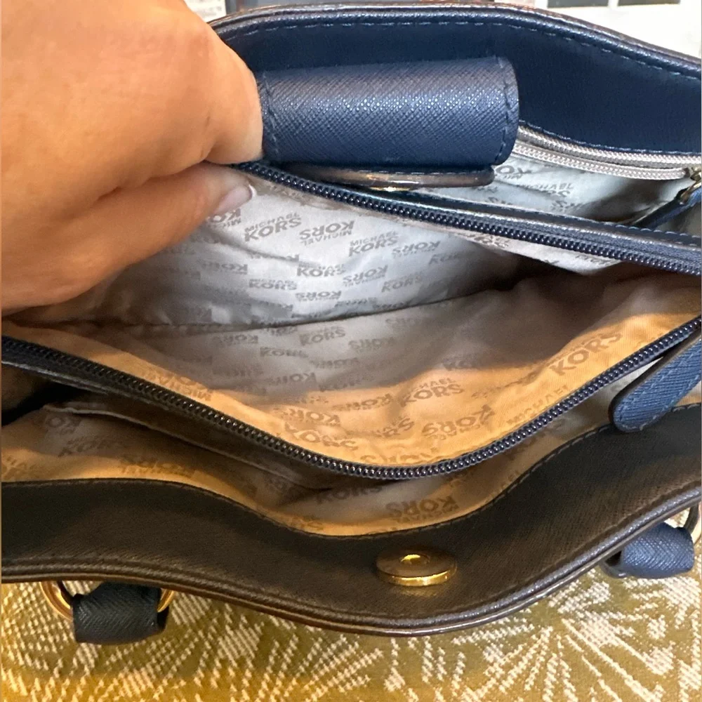 Michael Kors Hamilton East West Navy Saffiano Leather Satchel with Gold Hardware